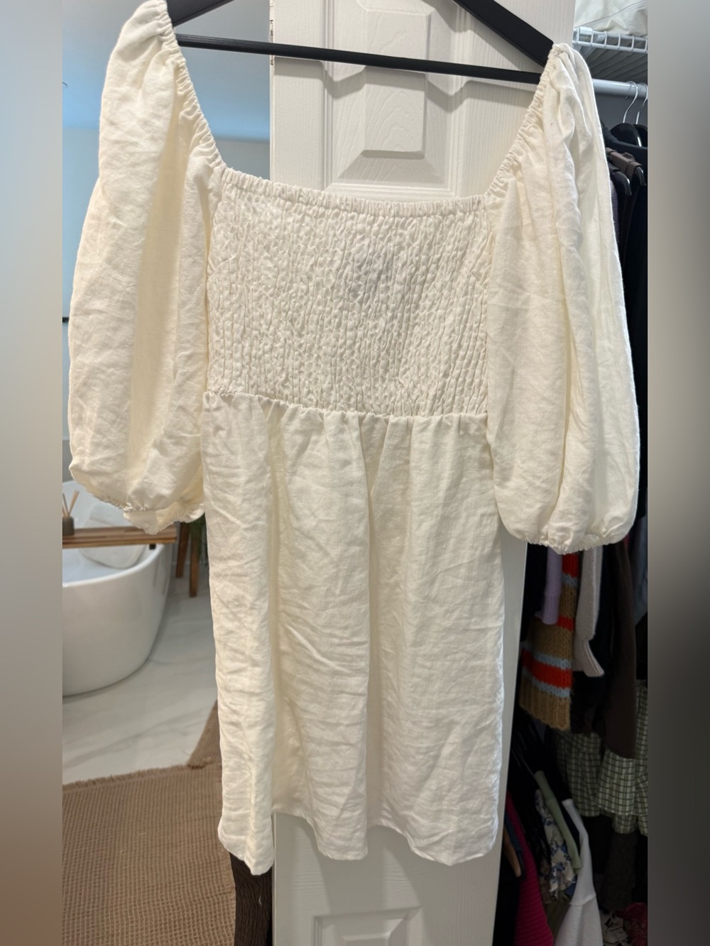 Tuckernuck White Smocked Puff-Sleeve Mini Dress